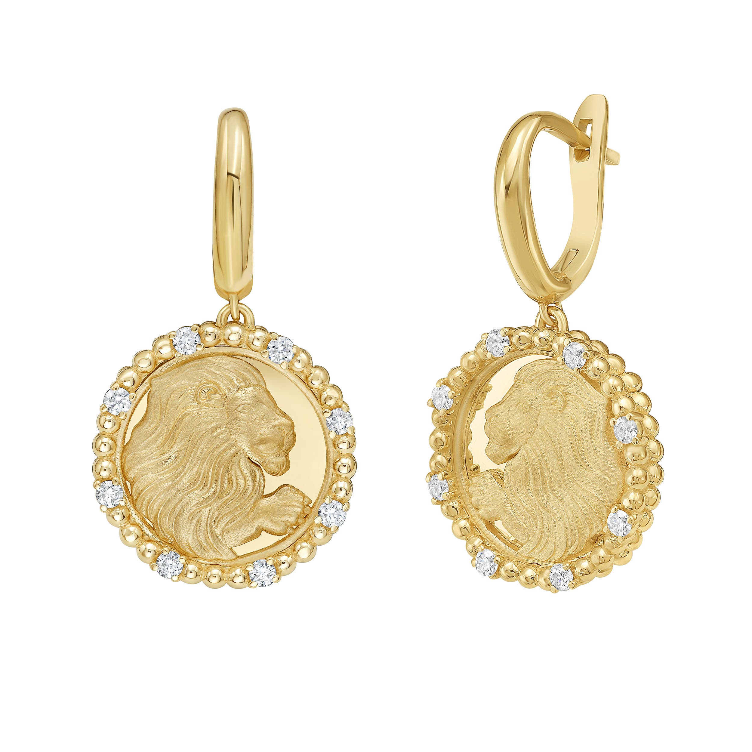 Lionheart 14K Gold Leo Diamond Bead Zodiac Dangle Earrings in Yellow Gold 