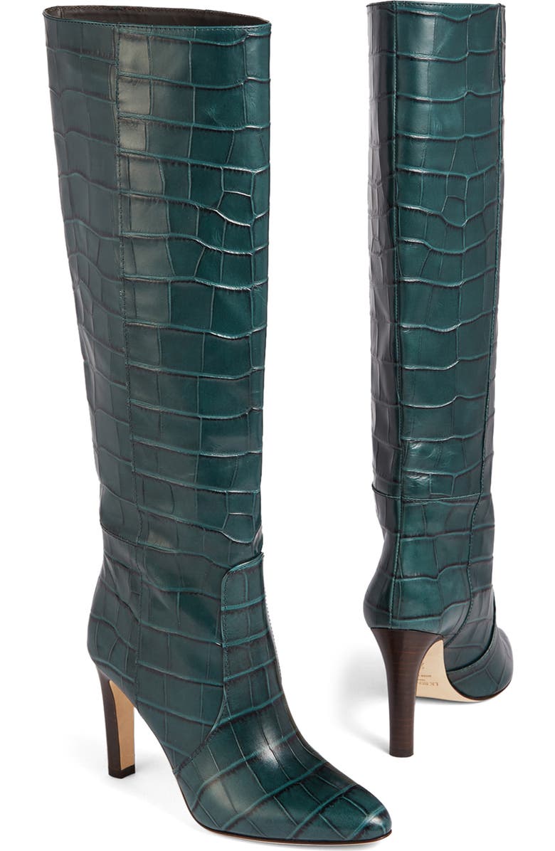 LK Bennett Margret Croc Embossed Knee High Boot, Alternate, color, Gre-Sea Green