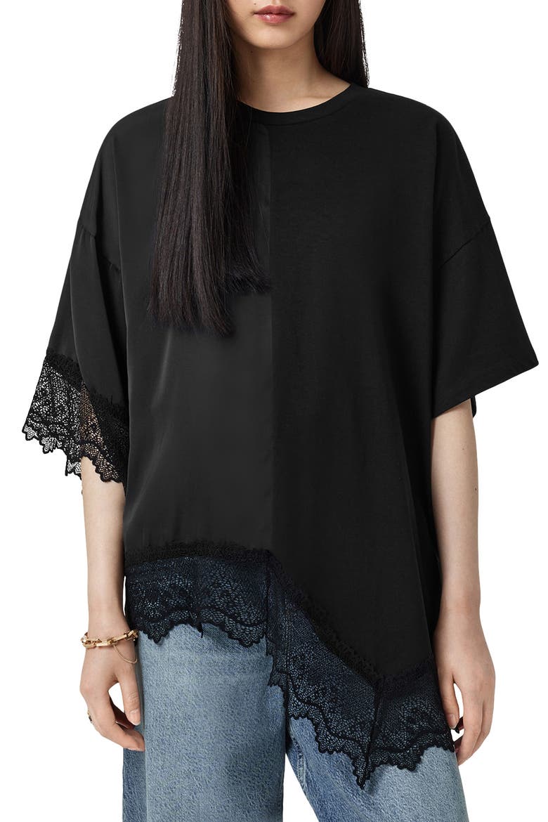 Lenny Oversize Lace Trim Cotton T-Shirt, Main, color, BLACK