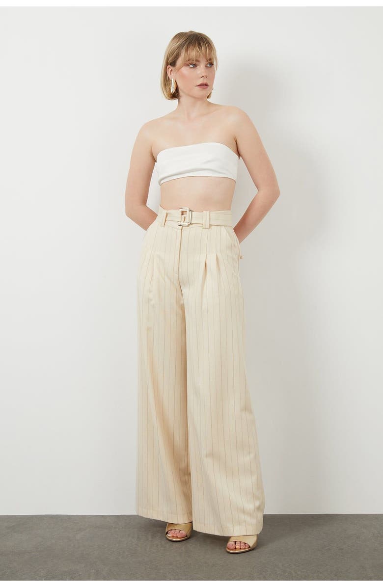 Gizia Belted Wide-Leg Striped Off-White Pants, Main, color, Beige