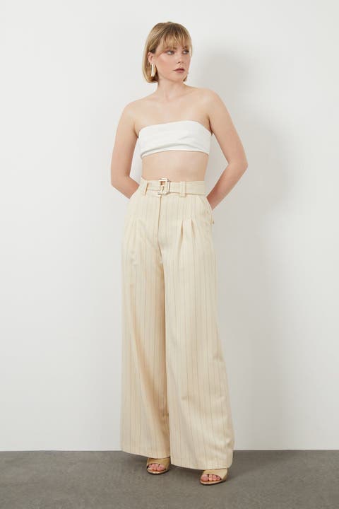 Belted Wide-Leg Striped Off-White Pants
