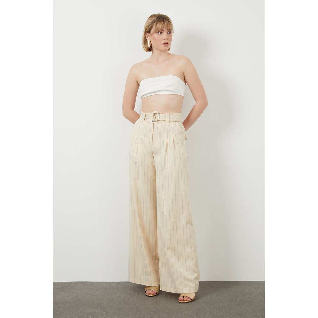 Gizia Belted Wide-leg Striped Off-white Pants In Neutral