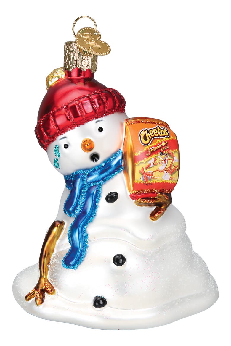 Flamin' Hot Cheetos Snowman Glass Ornament, Main, color, WHITE/ RED/ BLUE