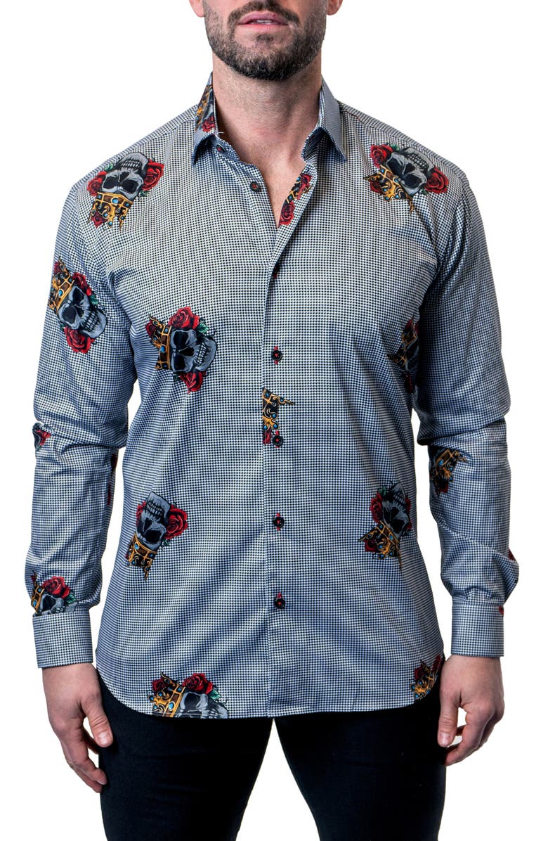 Maceoo Fibonacci Skull King Grey Button-Up Shirt, Main, color,
