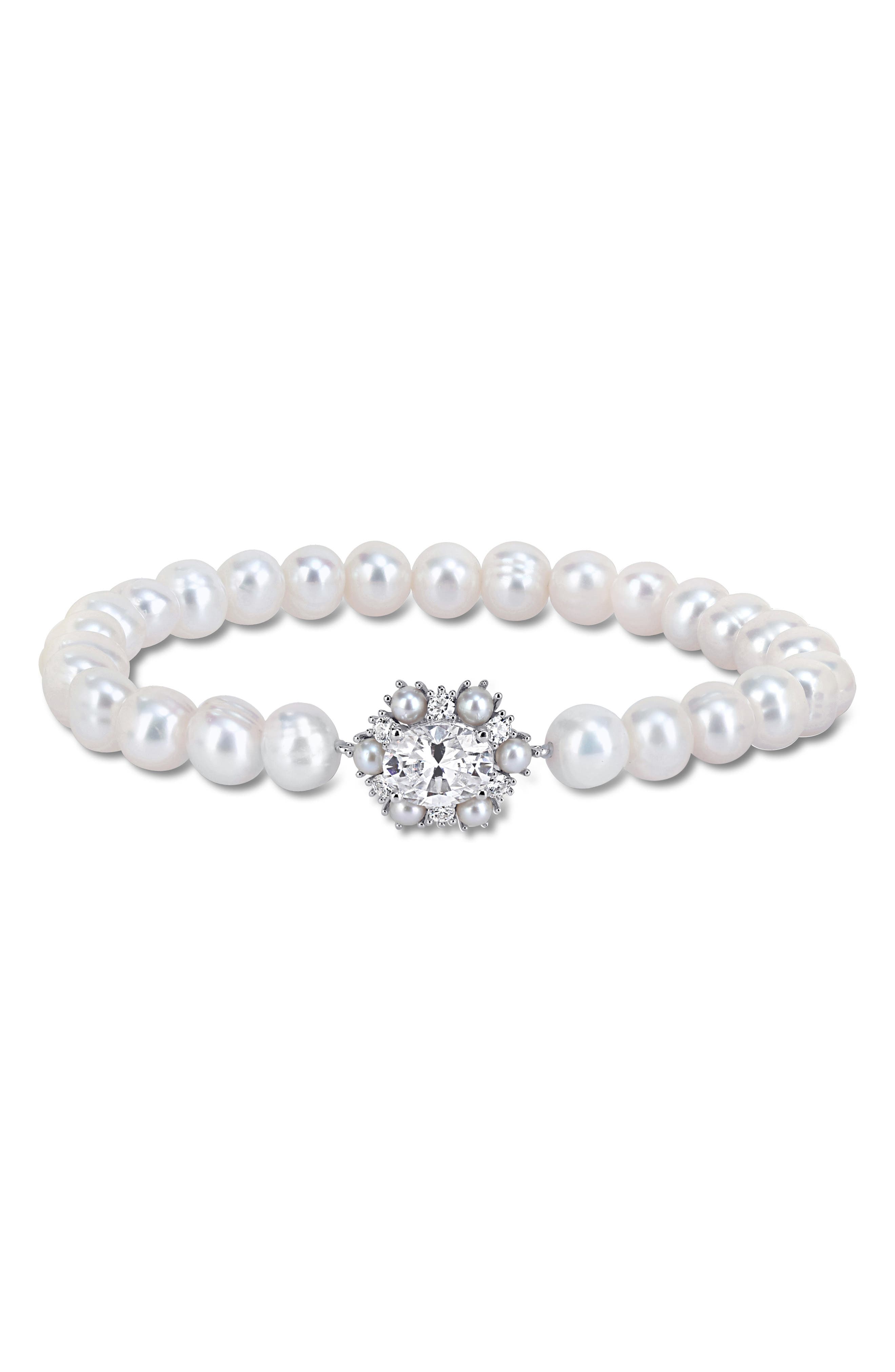 Sterling Silver Created Moissanite & Imitation Pearl Strand Bracelet