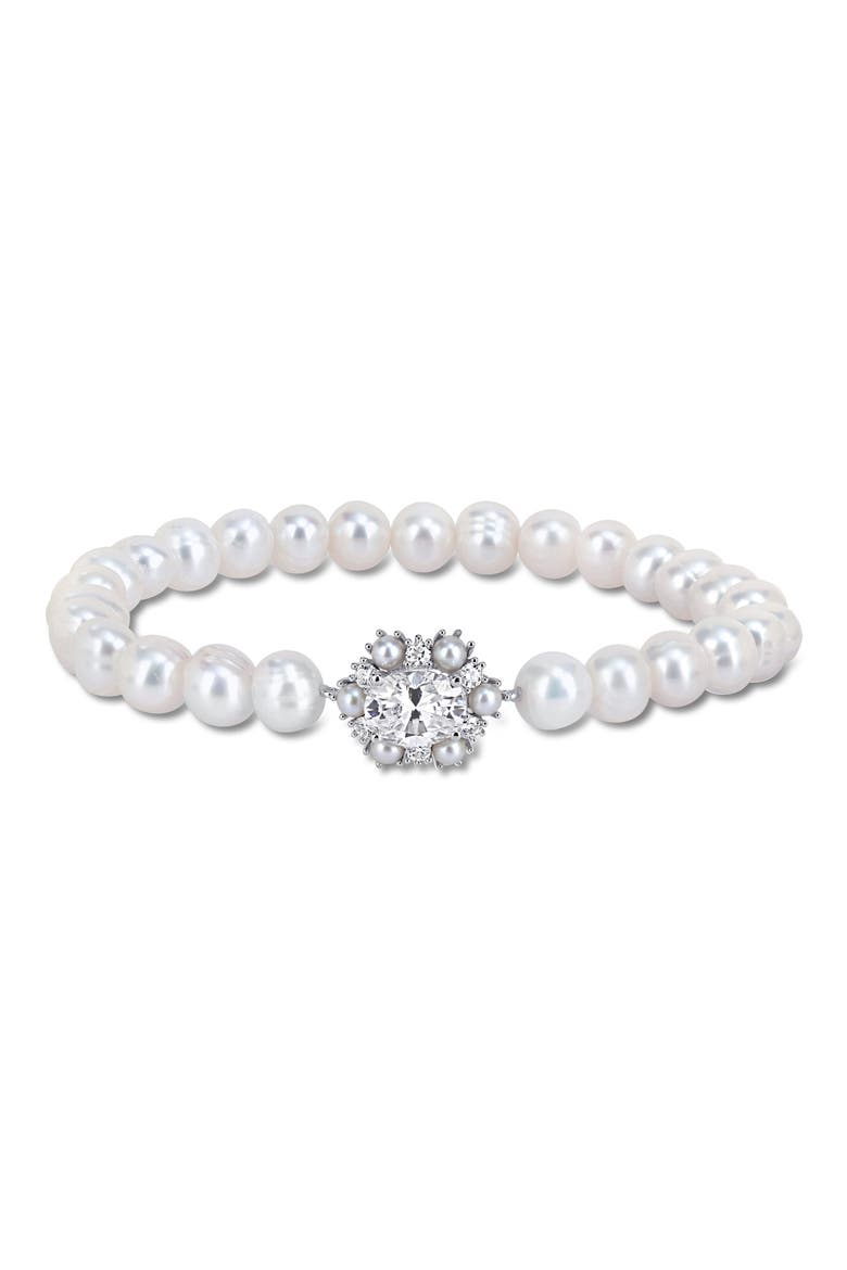 Sterling Silver Created Moissanite & Imitation Pearl Strand Bracelet, Main, color, WHITE GOLD