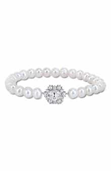 Sterling Silver Created Moissanite & Imitation Pearl Strand Bracelet