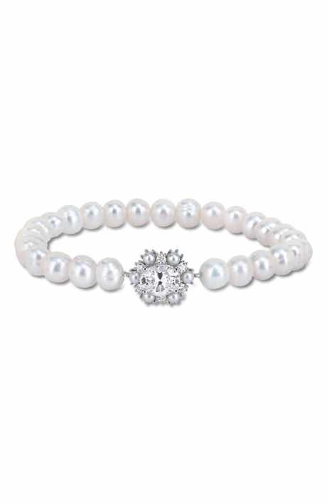 Sterling Silver Created Moissanite & Imitation Pearl Strand Bracelet