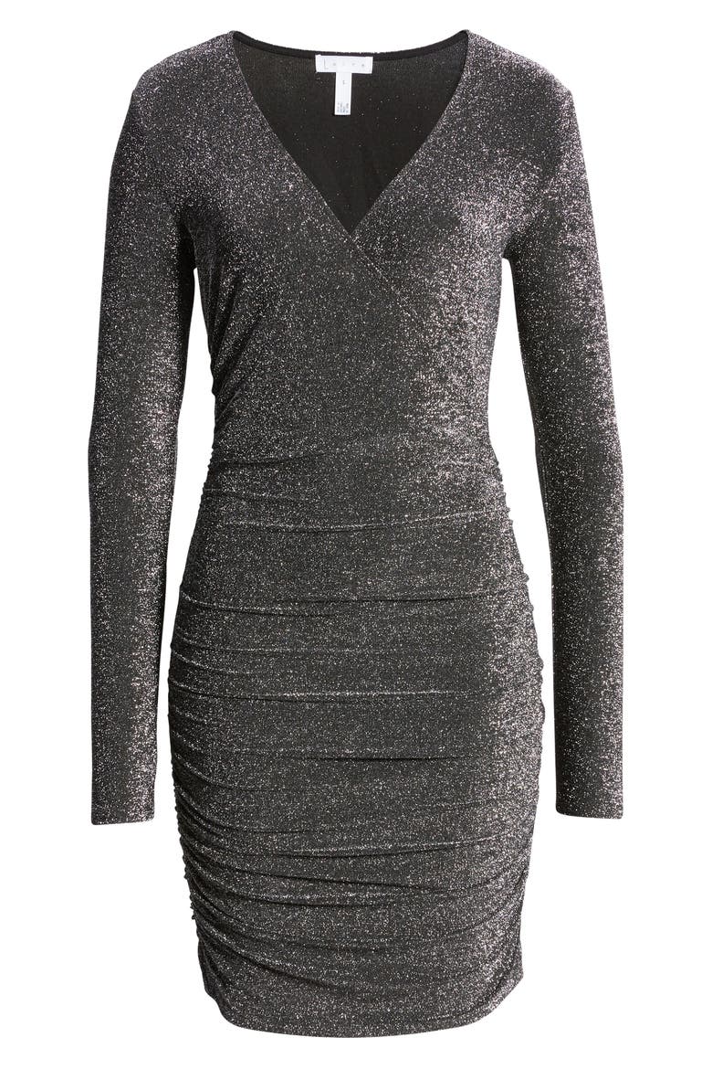 Metallic Long Sleeve Wrap Dress, Alternate, color, BLACK SILVER METALLIC