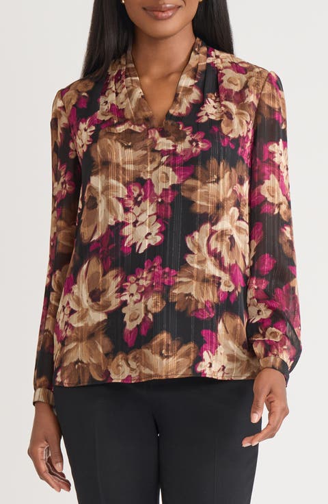 Metallic Floral Pleated Chiffon Top