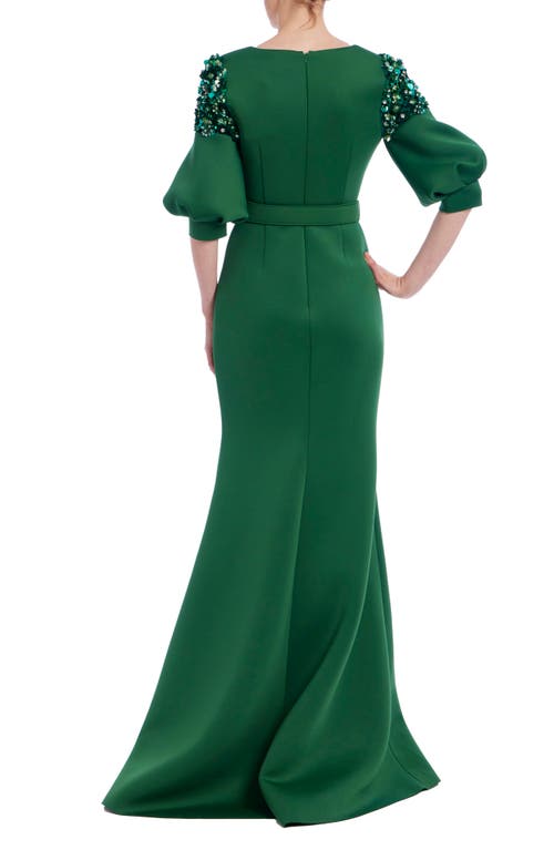 Badgley Mischka Collection Embellished Short Sleeve Mermaid Gown In Emerald