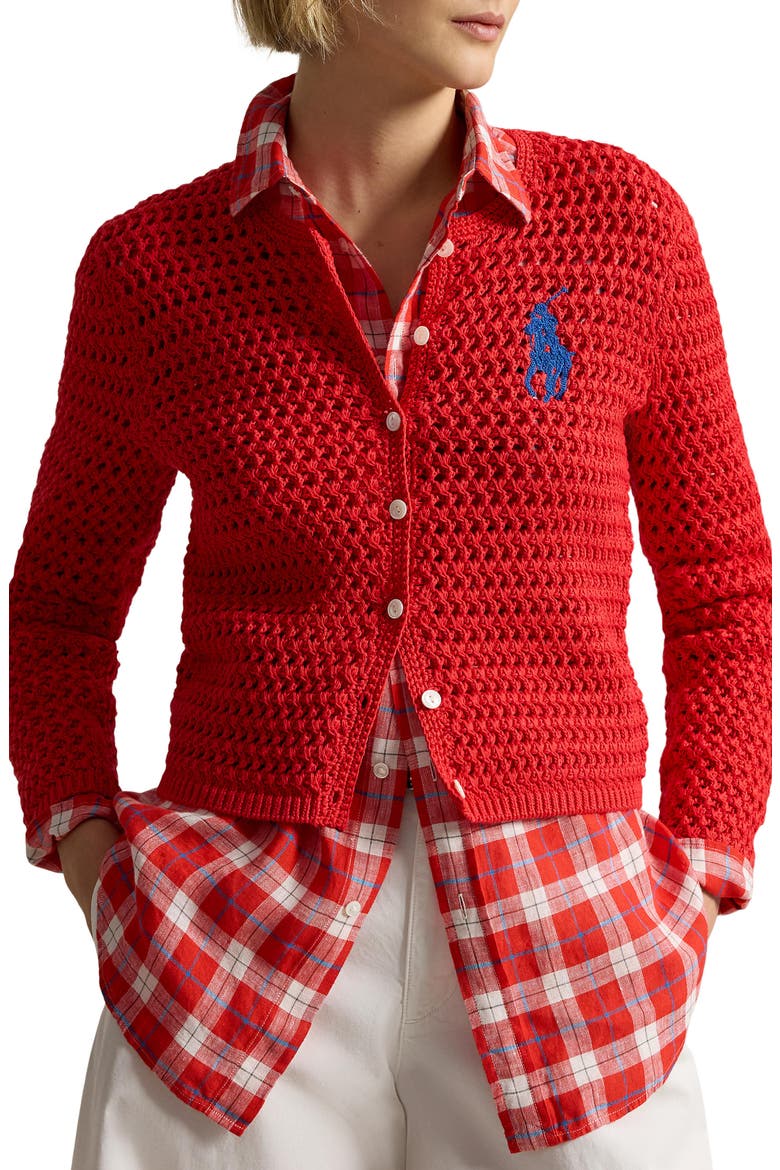 Big Pony Button-Up Cotton Crochet Crop Cardigan, Main, color, PETAL ROSE