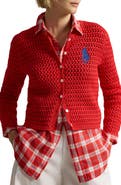 Polo Ralph Lauren Big Pony Button-Up Cotton Crochet Crop Cardigan