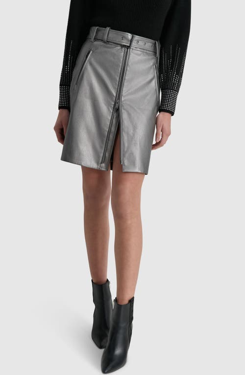 DKNY Belted Metallic Faux Leather Skirt in Gunmetal 