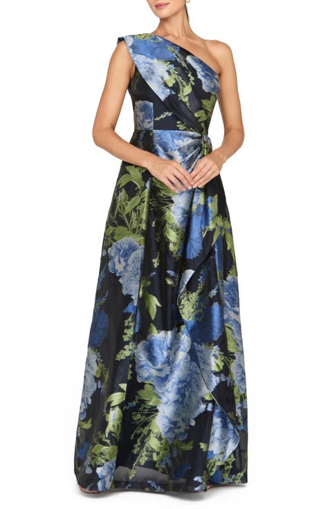 Daisy Floral Jacquard One Shoulder Gown