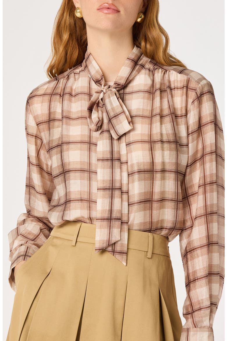 Mabry Tie Neck Long Sleeve Top, Alternate, color, BROWN PLAID