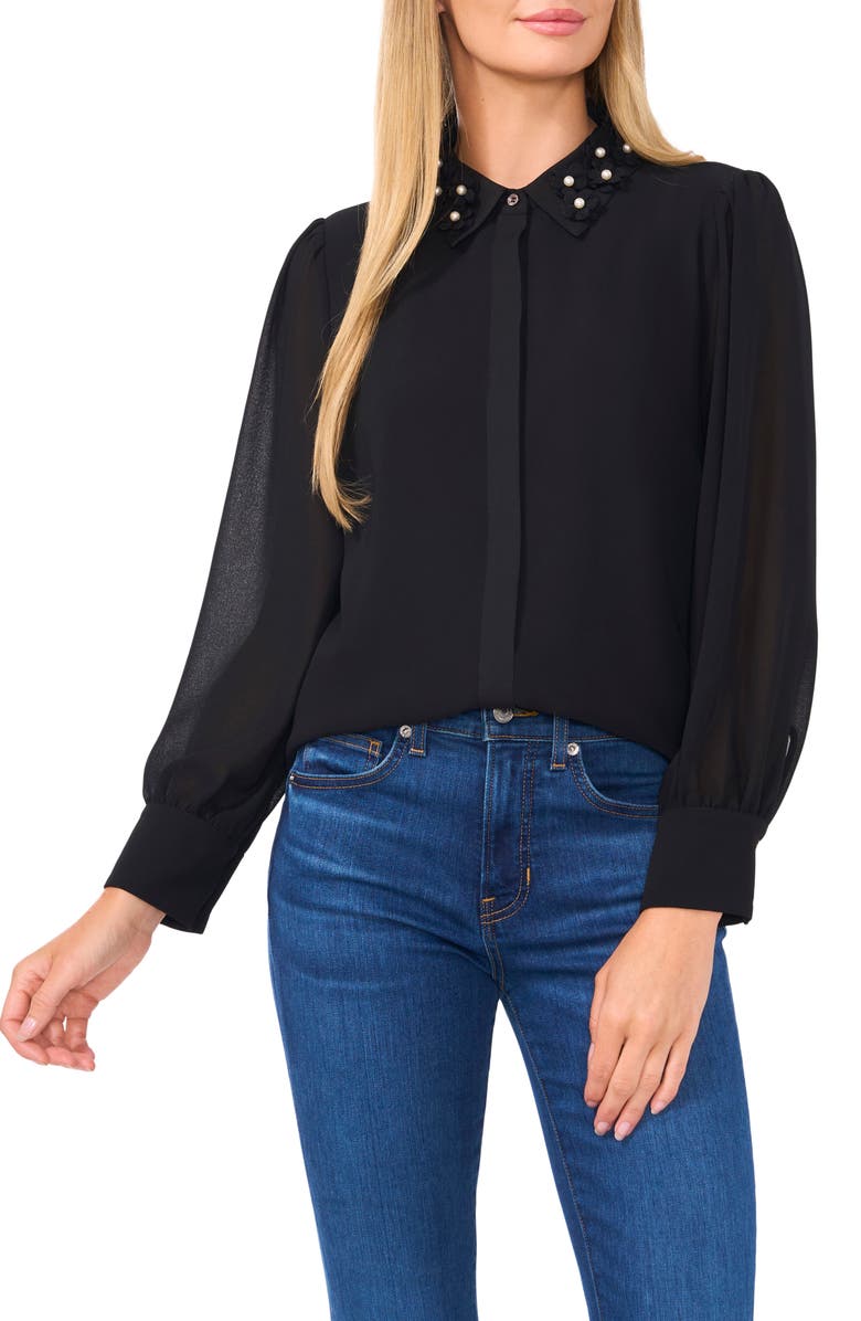 CeCe Pearly Flower Appliqué Georgette Button-Up Shirt, Main, color, 