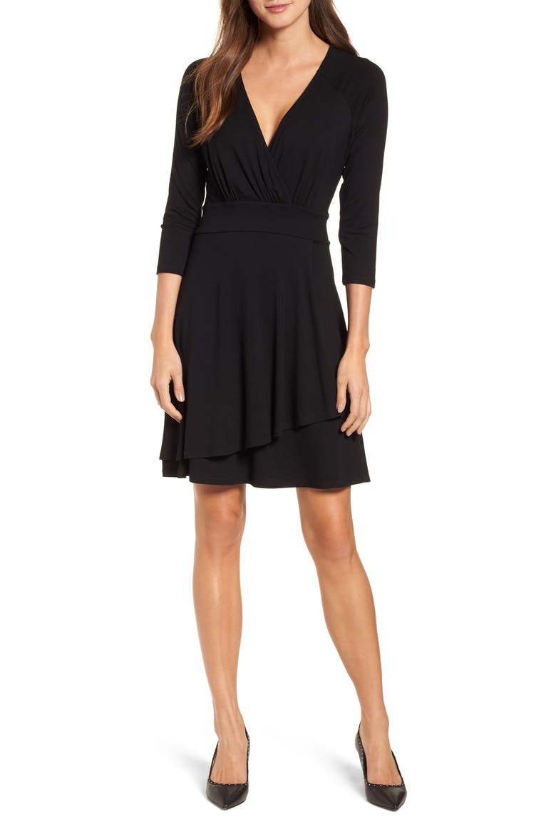 Faux Wrap Drape Dress, Main, color, BLACK
