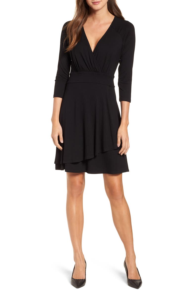 Karen Kane Faux Wrap Drape Dress, Main, color, Black
