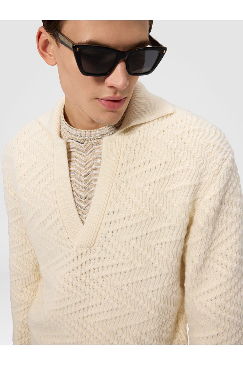 Long-sleeve Wool And Viscose Zig Zag Polo Shirt, Alternate, color, Beige
