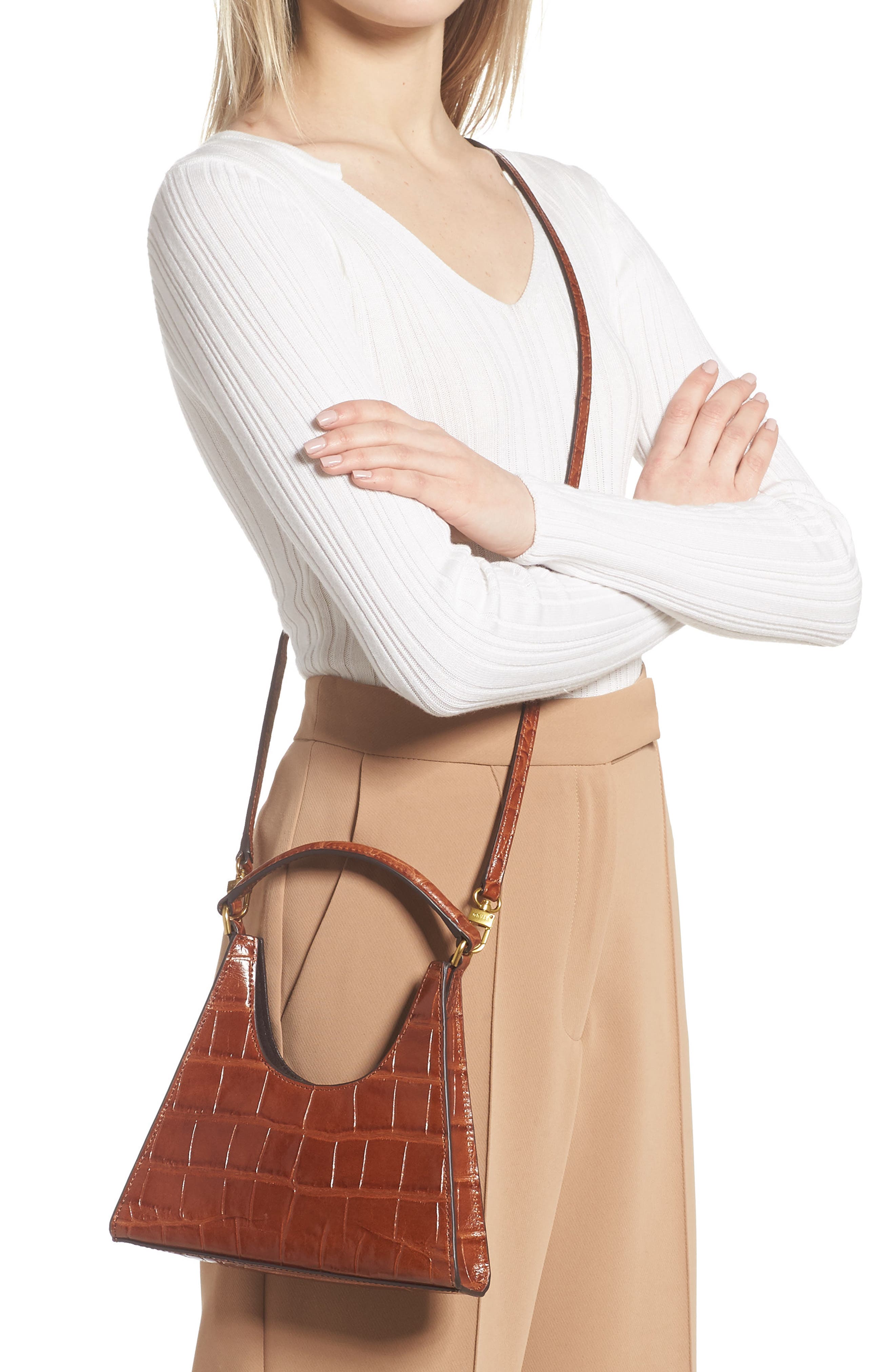 STAUD Mini Rey Croc Embossed Leather Crossbody Bag, Alternate, color, 