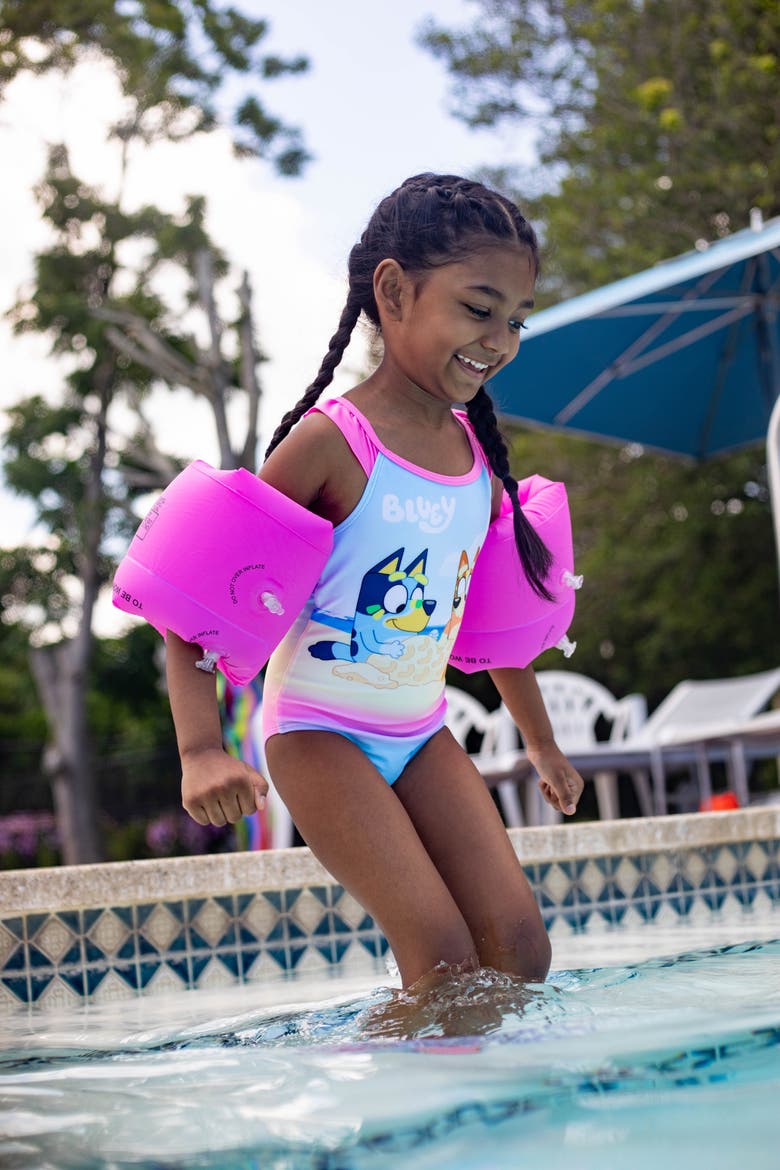 One Piece Bathing Suit, Alternate, color, Bluey Bingo Pink Blue