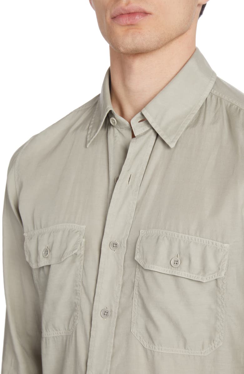 TOM FORD Military Fit Fluid Twill Button-Up Shirt, Alternate, color, Soft Grey