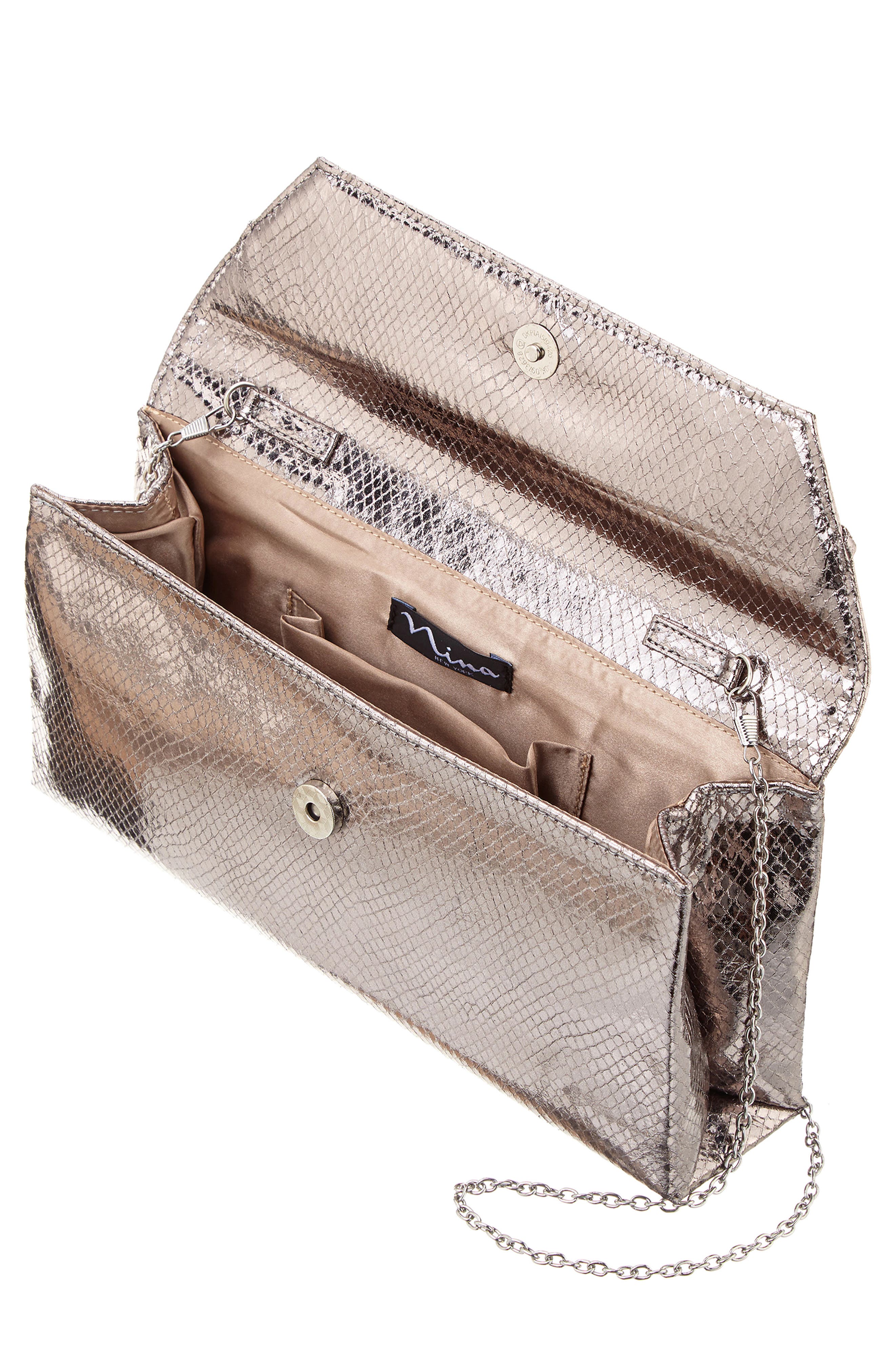 Nina Metallic Snake Embossed Flap Bag, Alternate, color, Silver