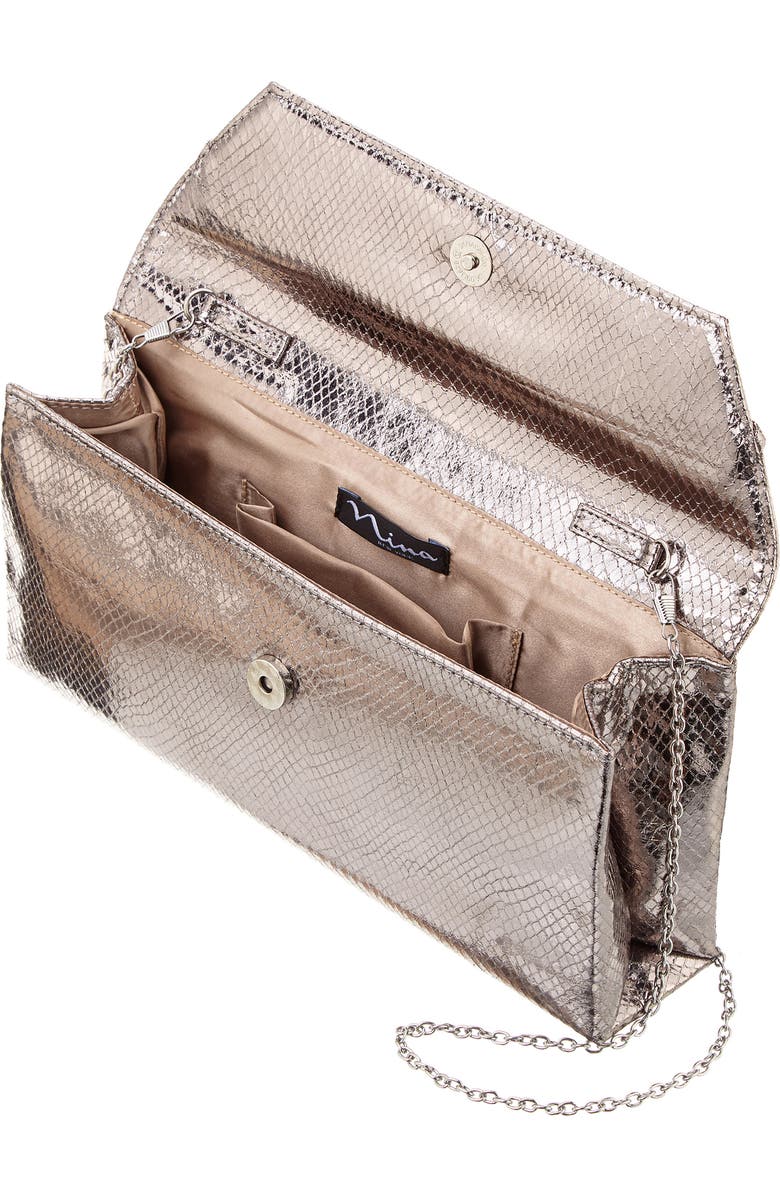 Nina Metallic Snake Embossed Flap Bag, Alternate, color, Silver