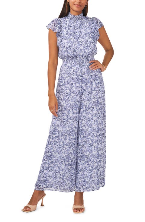 Floral Flutter Sleeve Mock Neck Jumpsuit