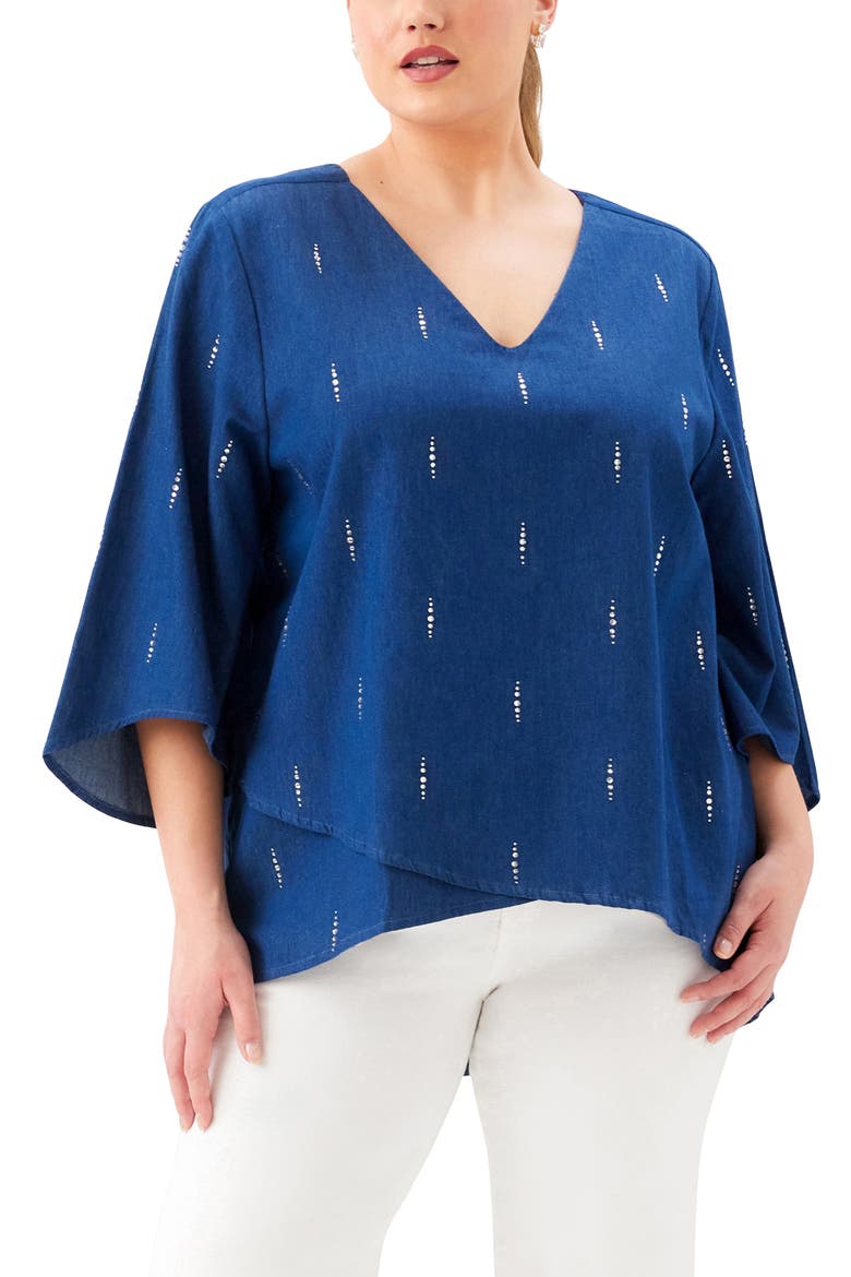 Embellished Asymmetric Hem Chambray Top, Alternate, color, DENIM