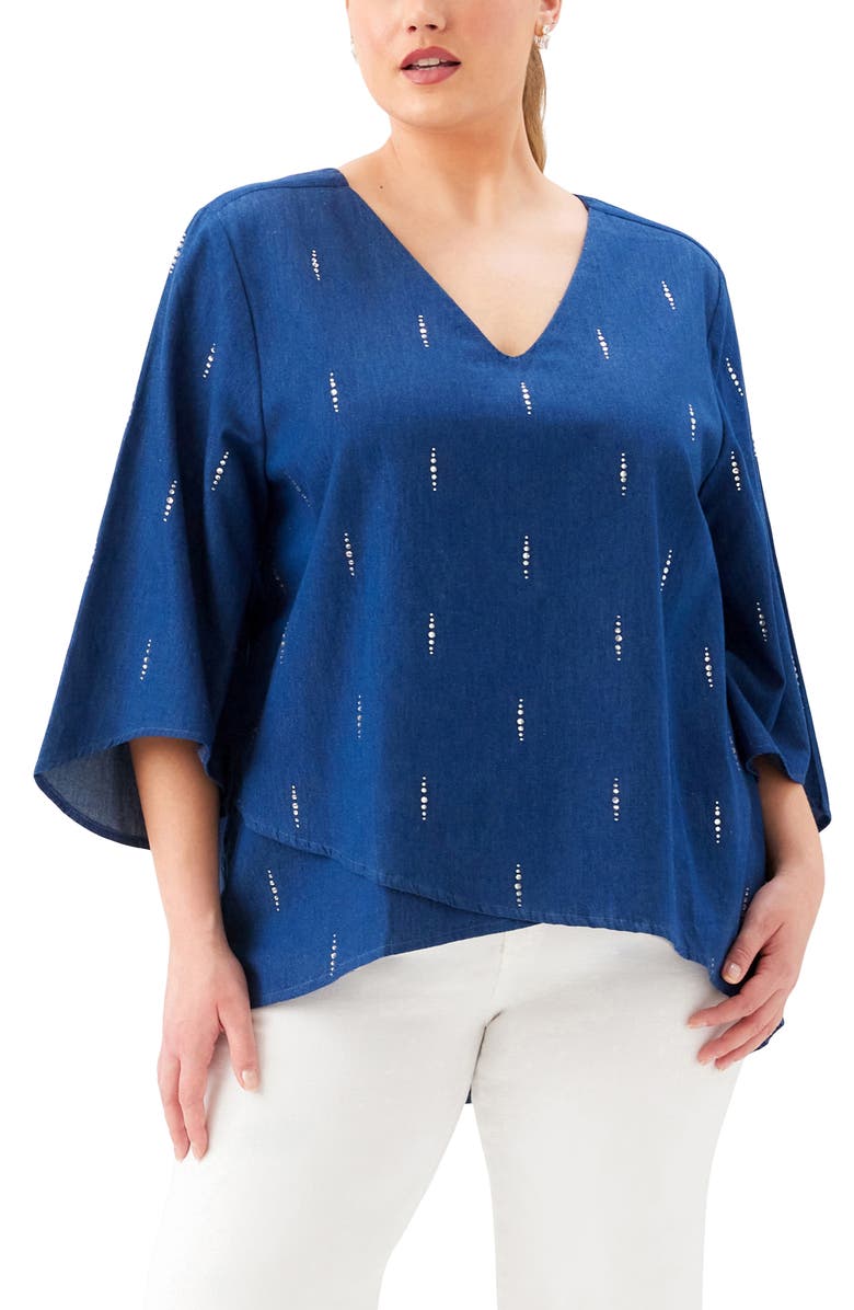 Karen Kane Embellished Asymmetric Hem Chambray Top, Alternate, color, Denim