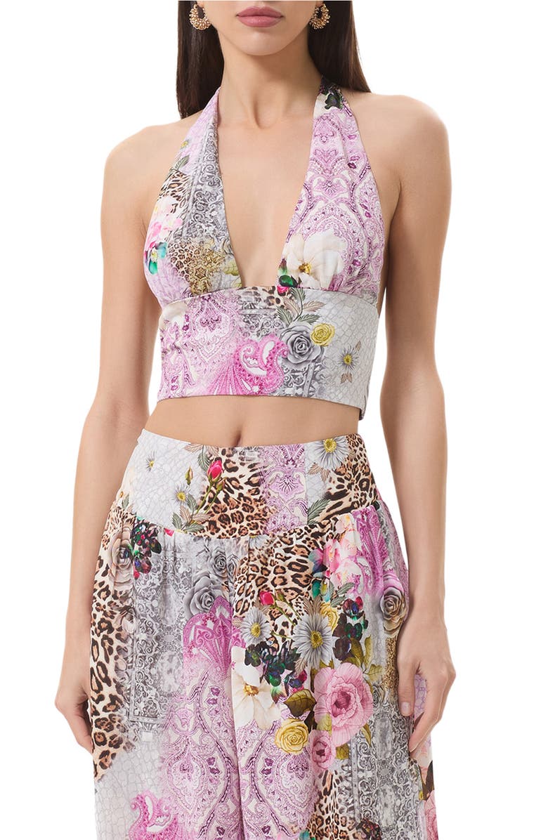 AFRM Sylas Mix Print Plunge Halter Neck Crop Top, Main, color, Natural Patchwork