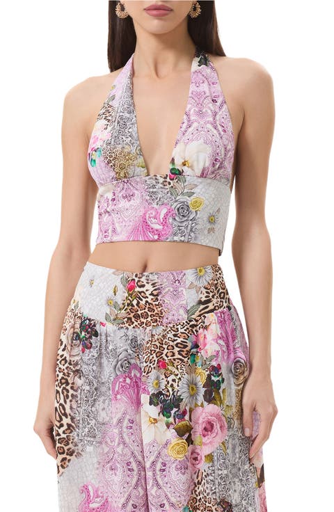 Sylas Mix Print Plunge Halter Neck Crop Top