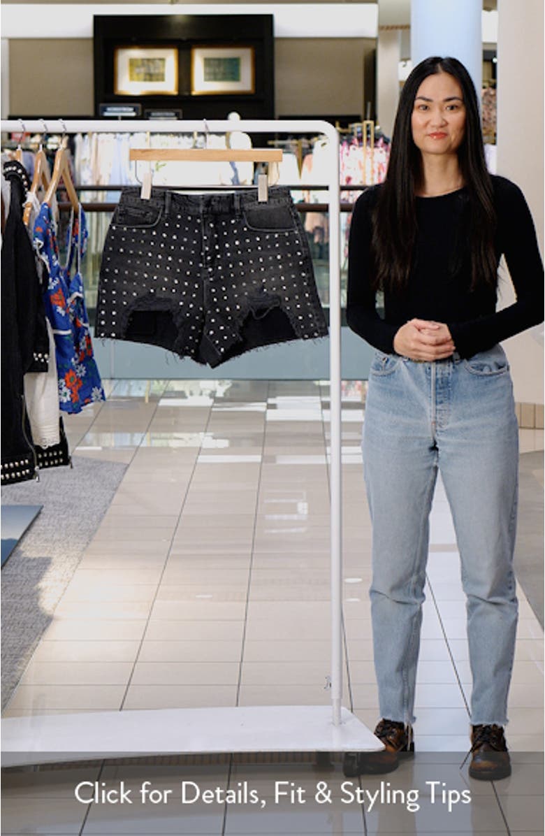 Bombshell Crystal Embellished Destroyed Cutoff Denim Shorts, sales video thumbnail