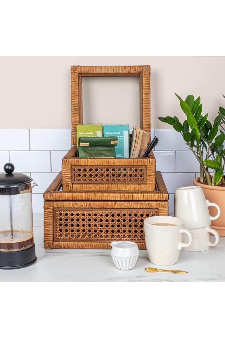 Modern Decorative Square Woven Rattan and Wood Display Boxes with Glass Top, Dark Brown Finish, Set of 2, Alternate, color, Brown
