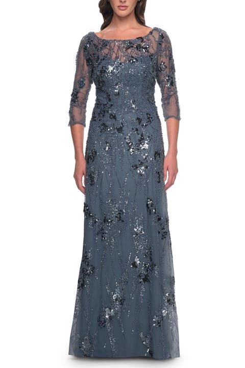 Beaded Long Mother of the Bride Dress with Illusion Top