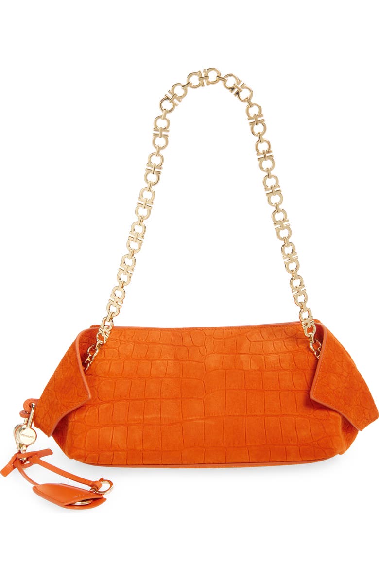FERRAGAMO Gancini Chain Folded Croc Embossed Suede Shoulder Bag, Main, color, Light Siena