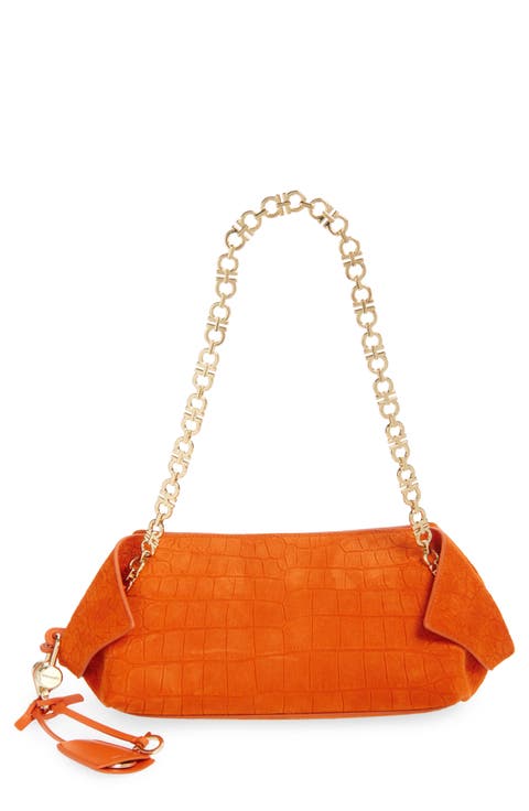 Gancini Chain Folded Croc Embossed Suede Shoulder Bag
