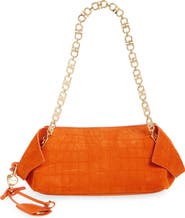 FERRAGAMO Gancini Chain Folded Croc Embossed Suede Shoulder Bag