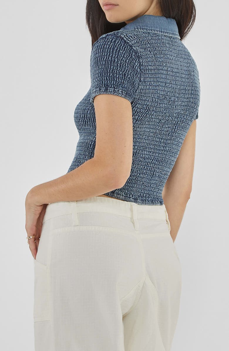 GUESS Smocked Short Sleeve Denim Button-Up Shirt, Alternate, color, 