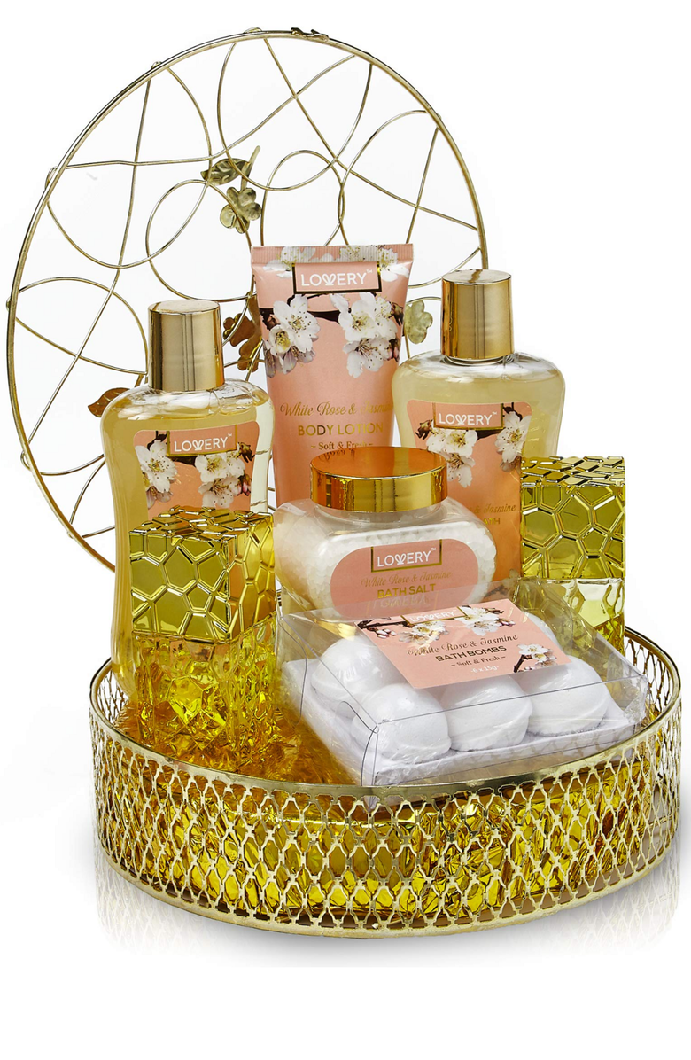 Lovery White Rose and Jasmine Bath And Body Gift Basket, Main, color, Light Pink / Gold