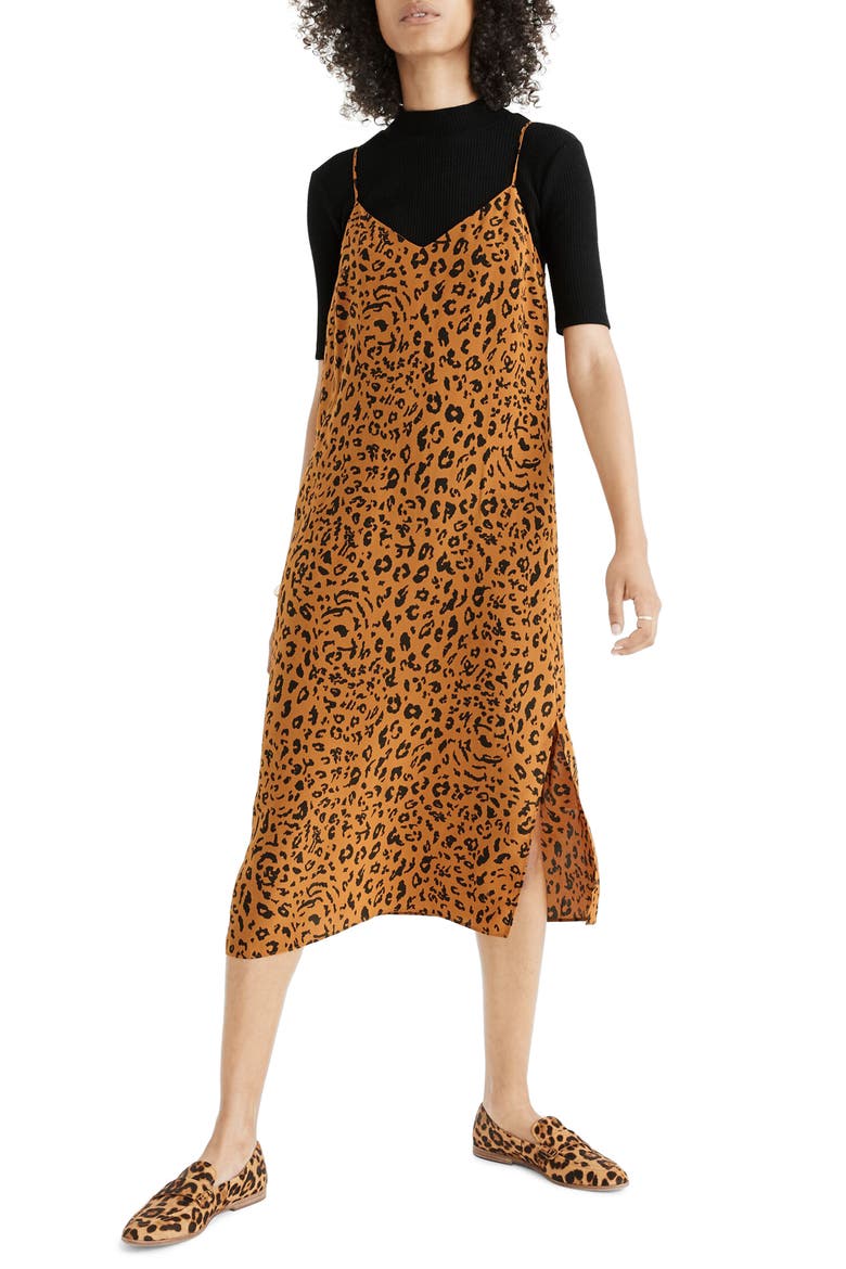 Literal Leopard Silk Side Slit Slipdress, Main, color, TRUE LEOPARD GOLDEN PECAN