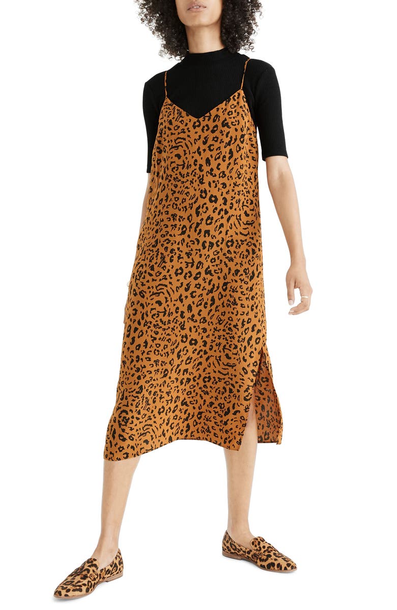 Madewell Literal Leopard Silk Side Slit Slipdress, Main, color, 