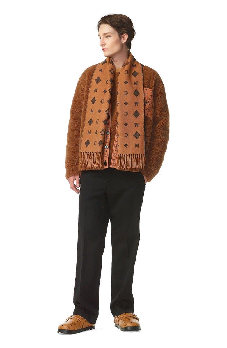 MCM Bicolor Monogram Jacquard Stole, Alternate, color, Cognac