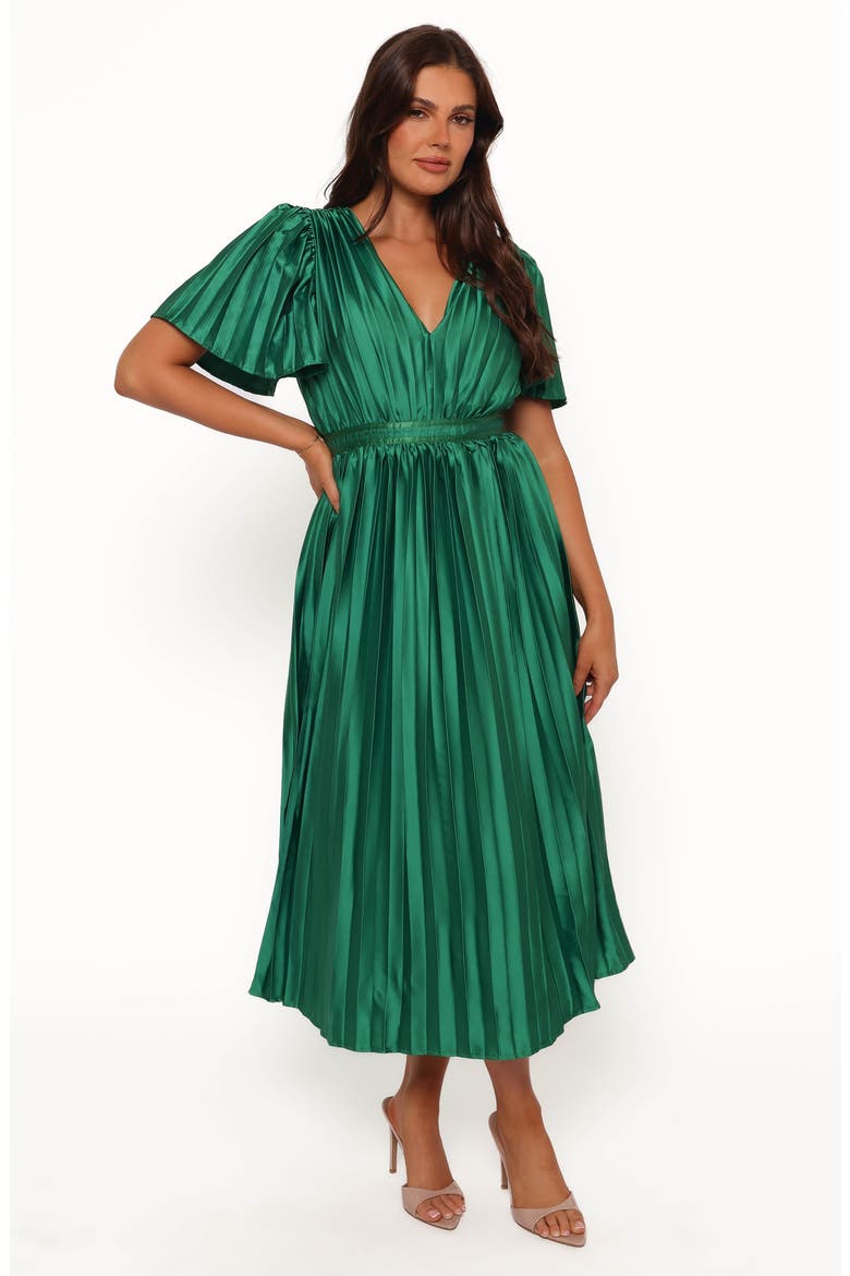 Keelah Pleated Satin Midi Dress, Alternate, color, EMERALD GREEN