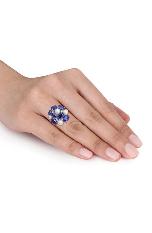 Delmar Lab Grown Blue & White Sapphire & Cultured Freshwater Pearl Ring In Blue