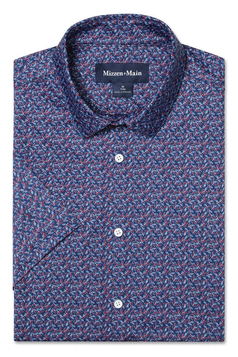 Halyard Trim Fit Navy Variegated Leaf Short Sleeve Performance Button-Up Shirt, Alternate, color, MIDNIGHT NAVY VARIEGATED LEAF