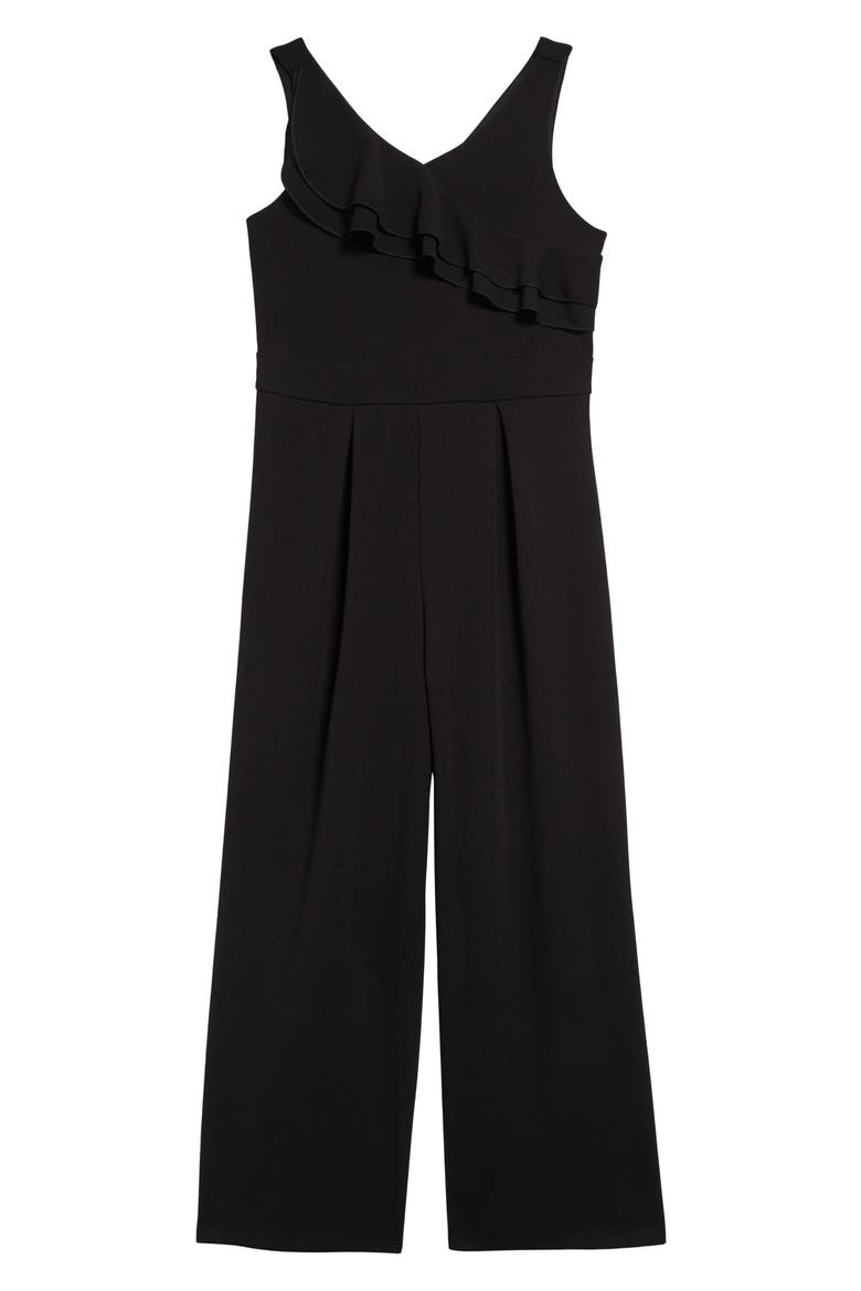 Double Ruffle Sleeveless Jumpsuit, Main, color, BLACK