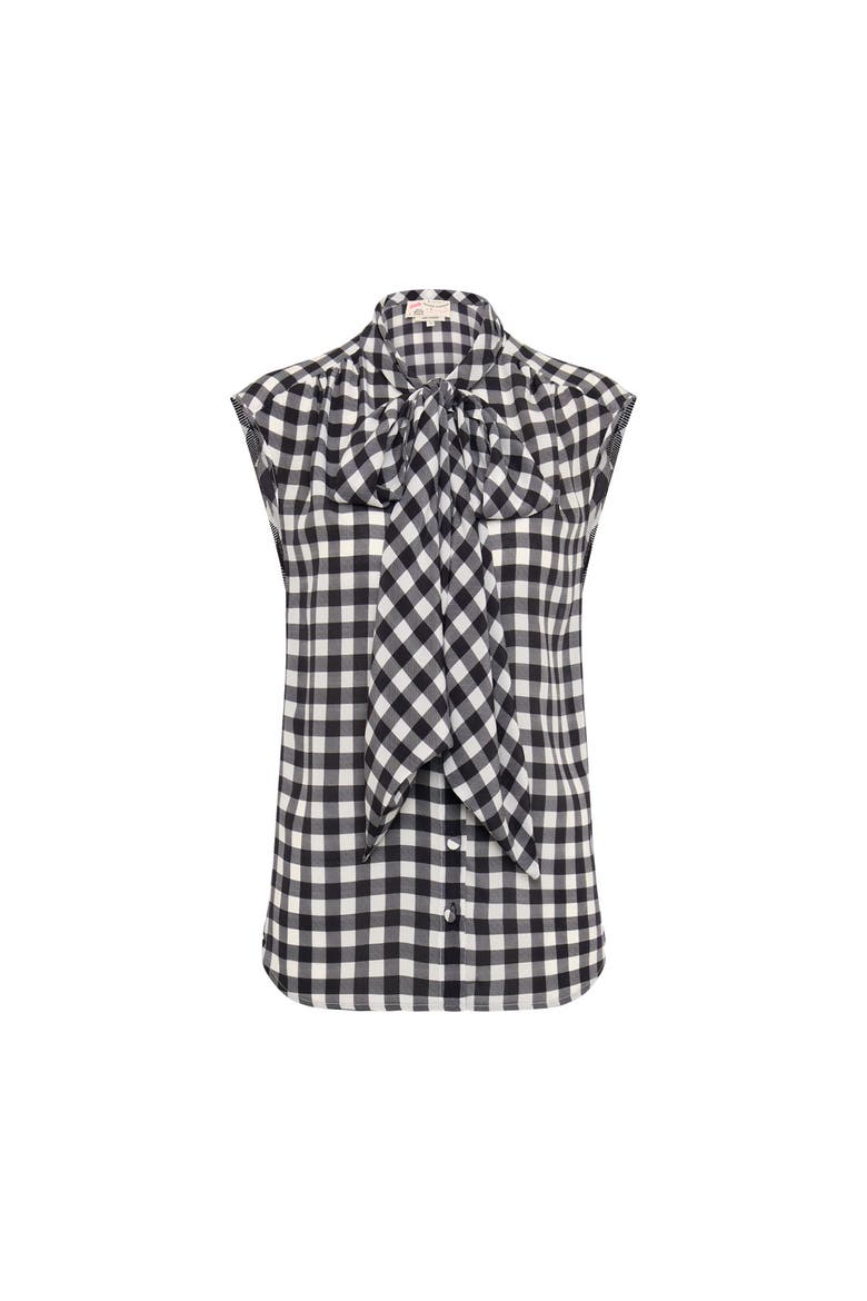 Printed Silk Tie Neck Top, Main, color, Black / White